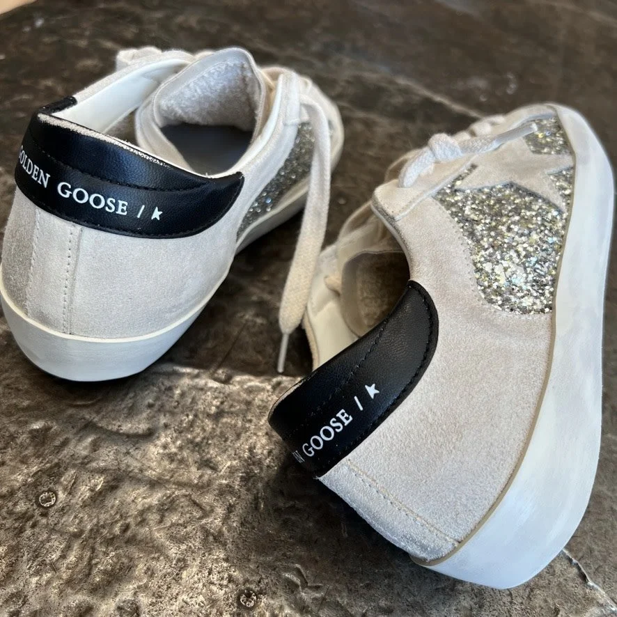 Golden Goose Superstar Platinum Glitter and Beige Suede